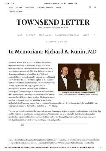 Dr Richard Kunin MD - Articles on Orthomolecular Medicine -- nurition vitamins minerals Orthomolecular Nutrition colleague of Linus Pauling Abram Hoffer Robert Cathcart Frederick Klenner